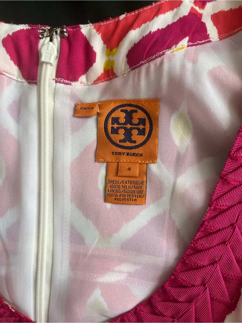 Tory Burch Summer Fuchsia-Red-White-Yellow Geometric Silk Dress with neck trim 4